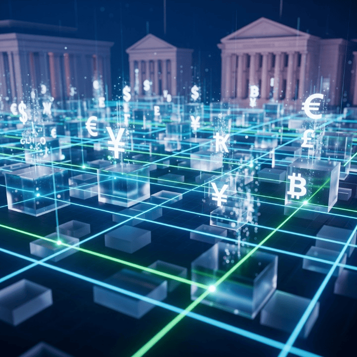Conceptual image showing the evolution from traditional financial institutions to a decentralized finance (DeFi) ecosystem, with glowing digital connections and blockchain elements.