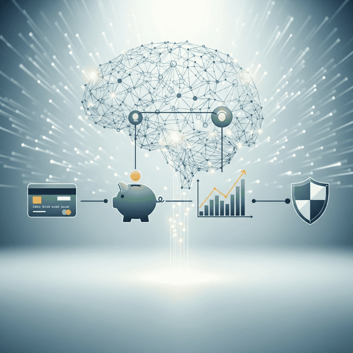 Abstract illustration representing the strategic use of credit, showing various financial symbols like credit cards, investments, and savings interconnected, signifying a strong financial profile and wise debt management.