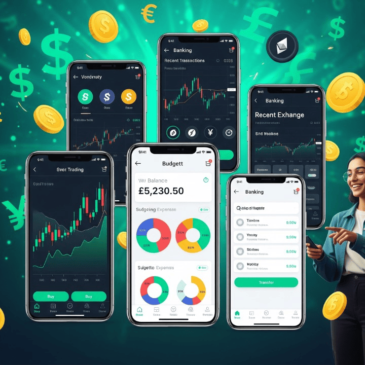 Mobile phones displaying financial apps for budgeting, investing, and expense tracking.