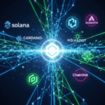 Illustration of five prominent altcoin logos (Solana, Cardano, Polkadot, Chainlink, Avalanche) around a central blockchain icon, symbolizing diversification and innovation in the crypto market beyond Bitcoin and Ethereum.