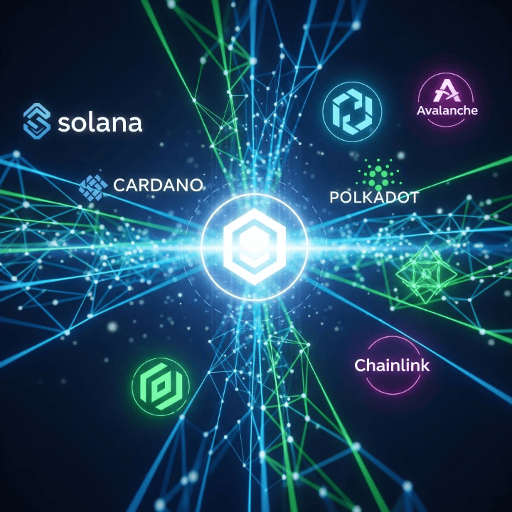 Illustration of five prominent altcoin logos (Solana, Cardano, Polkadot, Chainlink, Avalanche) around a central blockchain icon, symbolizing diversification and innovation in the crypto market beyond Bitcoin and Ethereum.