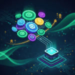 Digital coins connected to a network node, symbolizing crypto staking and passive income.