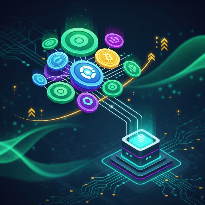 Digital coins connected to a network node, symbolizing crypto staking and passive income.