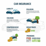Infographic explaining car insurance policy components: liability, collision, comprehensive, deductibles, premiums, and other key elements.