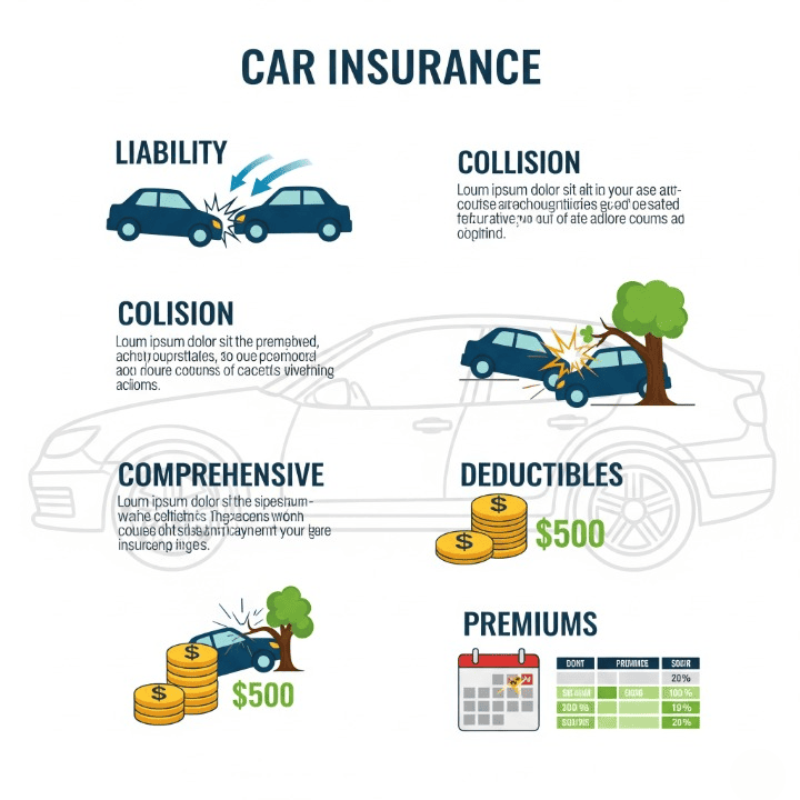 Infographic explaining car insurance policy components: liability, collision, comprehensive, deductibles, premiums, and other key elements.