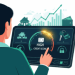 An illustration of a person reviewing their credit score on a digital dashboard, surrounded by symbols of financial stability like a house, car, and money, representing the impact and benefits of a good credit score.