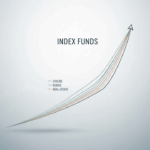 Illustration of index funds with diversified assets and upward trending growth chart, symbolizing long-term financial stability and smart investing.
