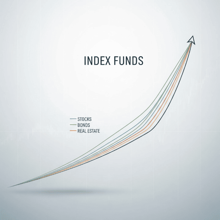 Illustration of index funds with diversified assets and upward trending growth chart, symbolizing long-term financial stability and smart investing.