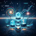 Illustration of various digital assets like crypto art, virtual land, and collectibles, interconnected by blockchain lines, representing the complex and controversial world of NFTs.