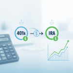 Illustration of a 401(k) rollover with money transferring from an old employer's account to a new IRA, symbolizing retirement savings growth and financial flexibility.