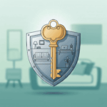 Abstract illustration of renters insurance protecting a home, featuring a shield and house outline, symbolizing financial security for tenants.