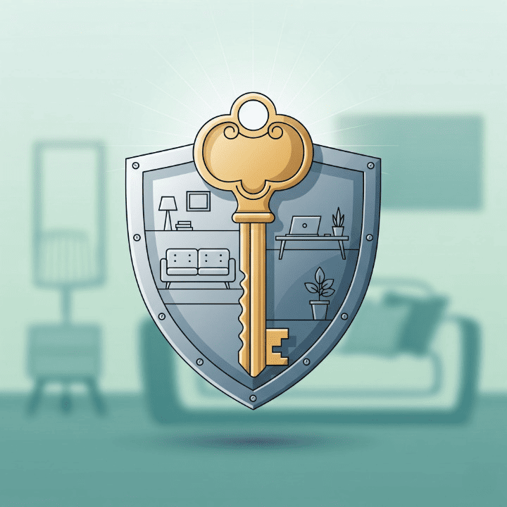Abstract illustration of renters insurance protecting a home, featuring a shield and house outline, symbolizing financial security for tenants.