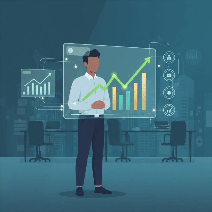 Professional aspiring to break into private equity analyzing financial data with graphs and charts in the background, signifying financial growth and career success.