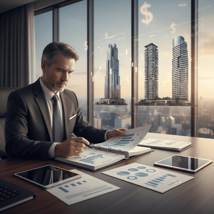 An investor analyzing financial reports and real estate plans, symbolizing access to private investment opportunities as an accredited investor.