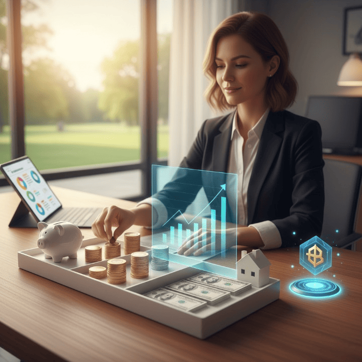 A person organizing financial elements like coins, charts, a piggy bank, a house, and a crypto icon, representing mastery of personal finances.