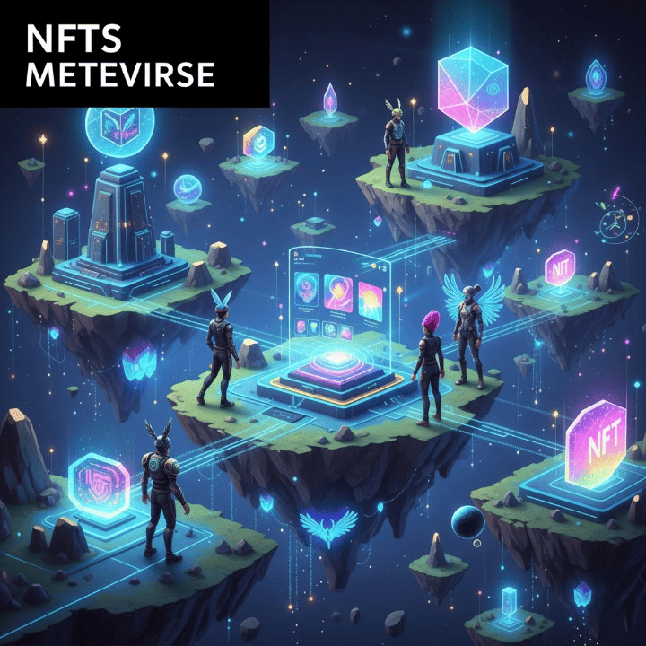 Conceptual image showing Non-Fungible Tokens (NFTs) integrated into a vast, futuristic Metaverse. Digital avatars interact with unique virtual land and assets, highlighted by glowing blockchain network lines, symbolizing digital ownership and a new virtual economy.