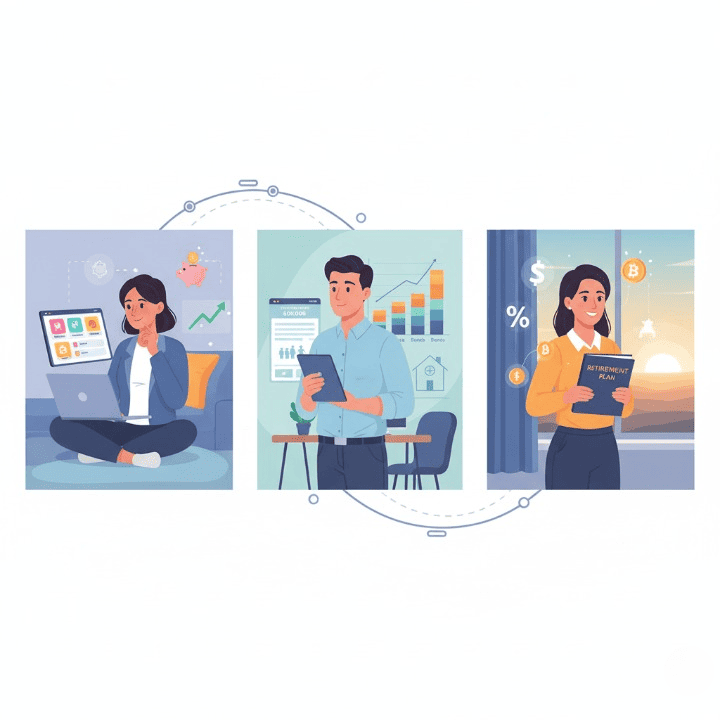 Infographic showing a timeline of retirement planning strategies for individuals in their 20s, 30s, and 40s, highlighting key financial decisions and growth.