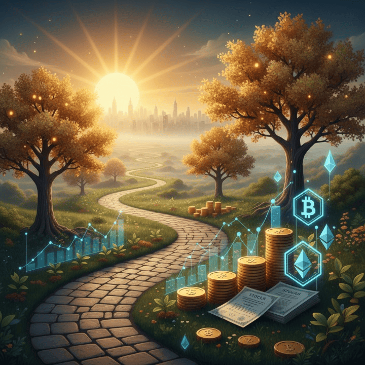 Illustration depicting the growth of wealth over time through long-term investing, with a mix of traditional and digital assets.
