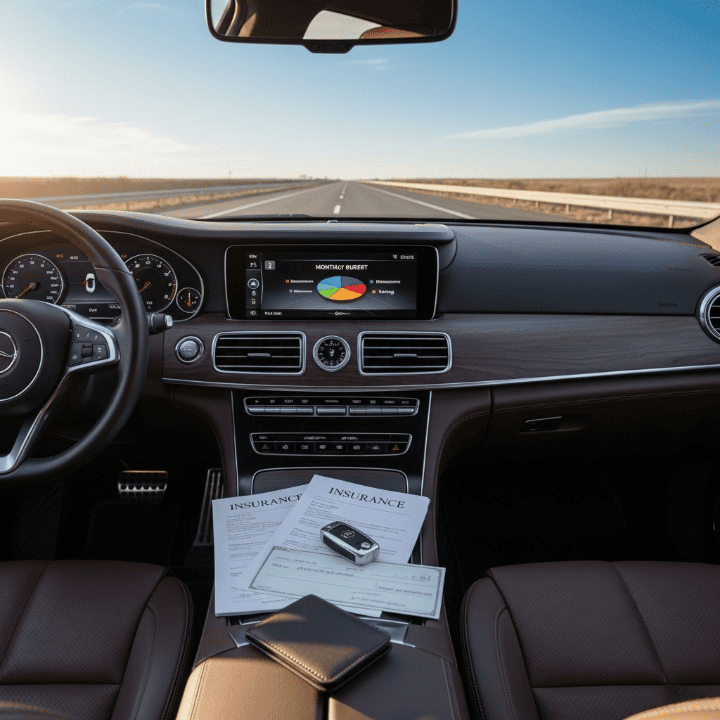 A car dashboard with car insurance documents, a car key, and a calculator, illustrating the concept of car insurance coverage and savings.