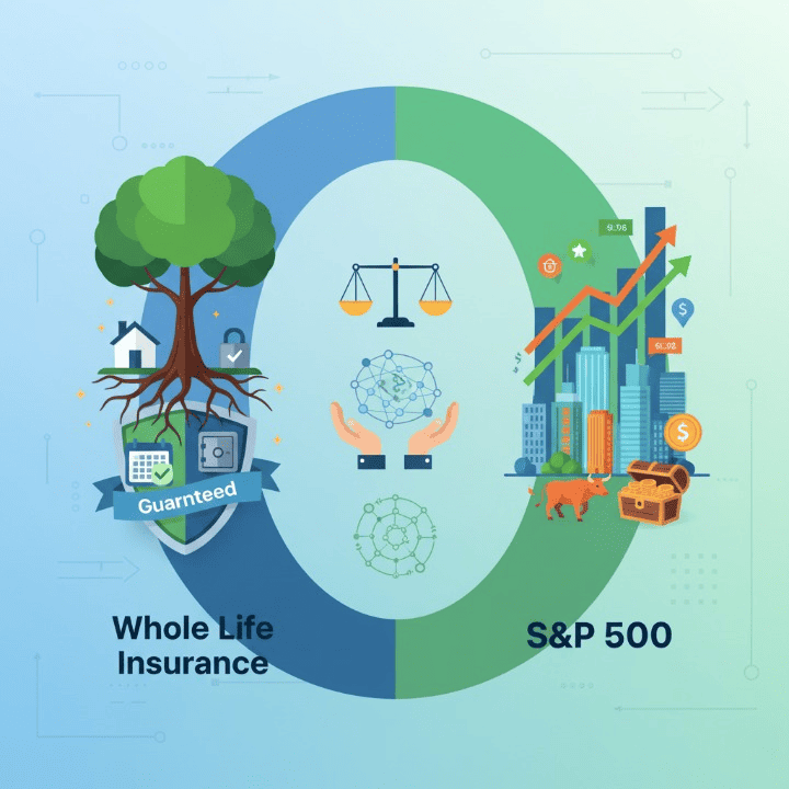 A visual comparison of Whole Life Insurance and S&P 500 investments, showing symbols of stability and guaranteed growth versus dynamic market performance and diversification, highlighting financial planning.