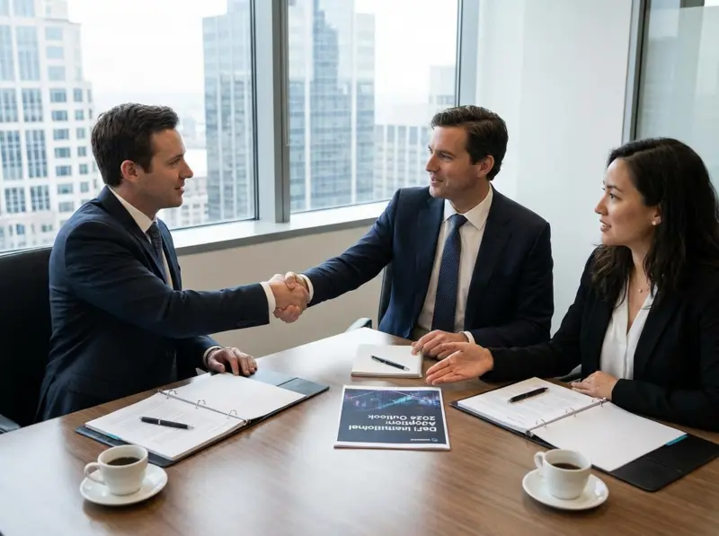 Timeline visualization showing DeFi progression from experimental protocols in 2017 through yield farming boom to institutional adoption by major financial firms