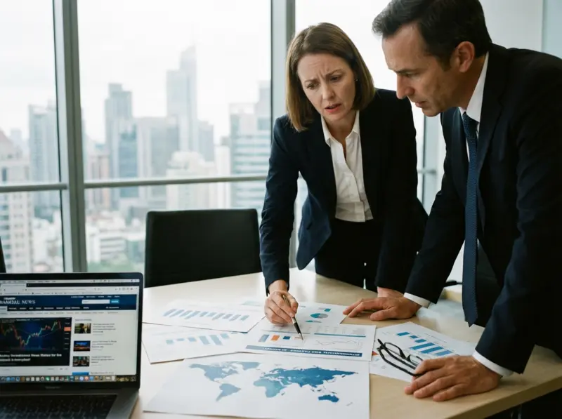 Infographic showing five international investment risk categories: currency exchange, political regulatory, market volatility, concentration, and liquidity factors affecting global portfolios