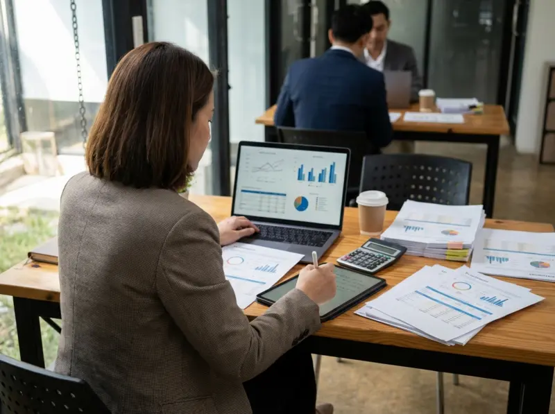 Business professionals analyzing tax documents and financial data using modern technology for strategic year-round planning